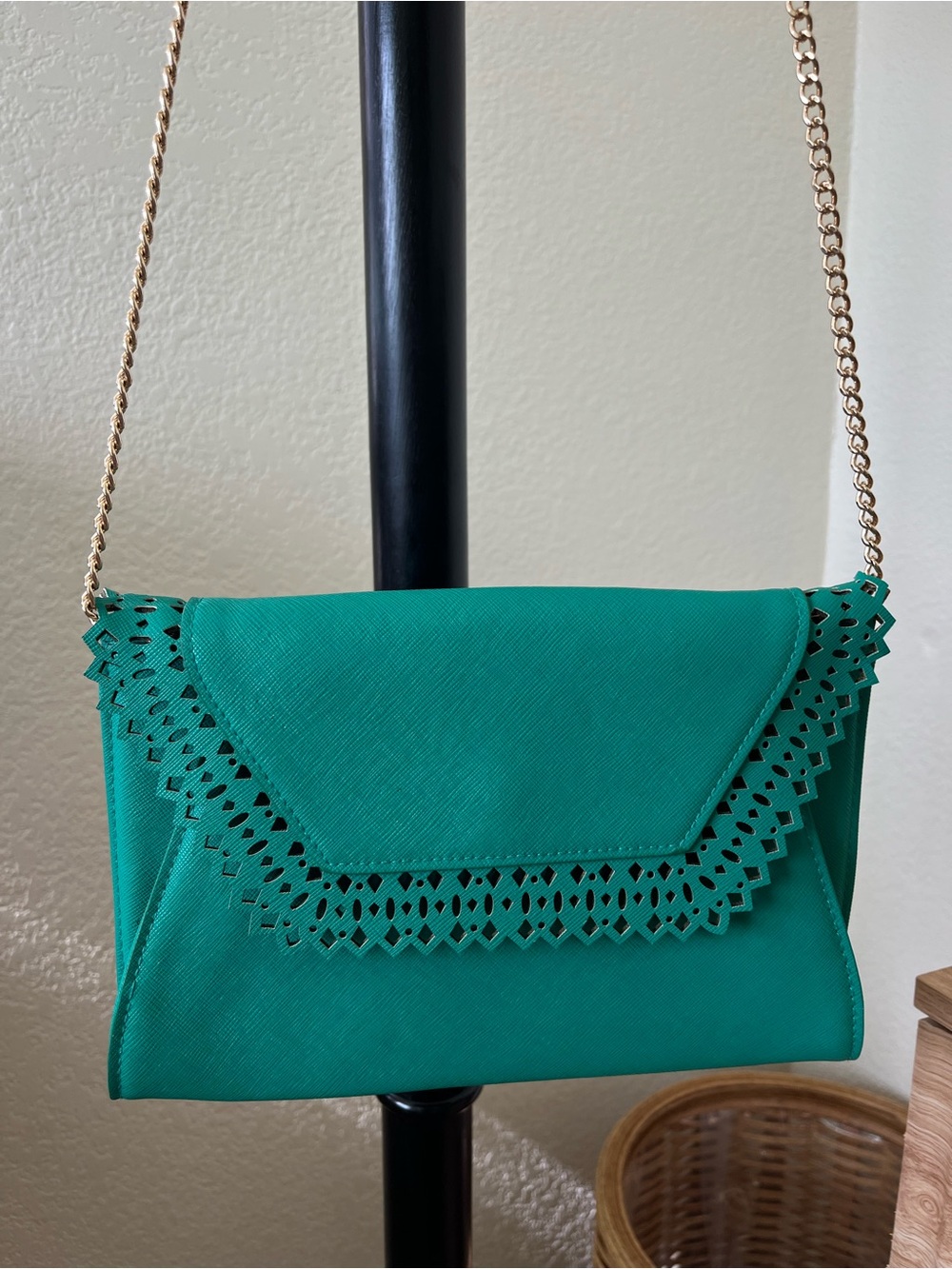 a new day Teal Laser-Cut Envelope Crossbody Bag with Gold Chain
